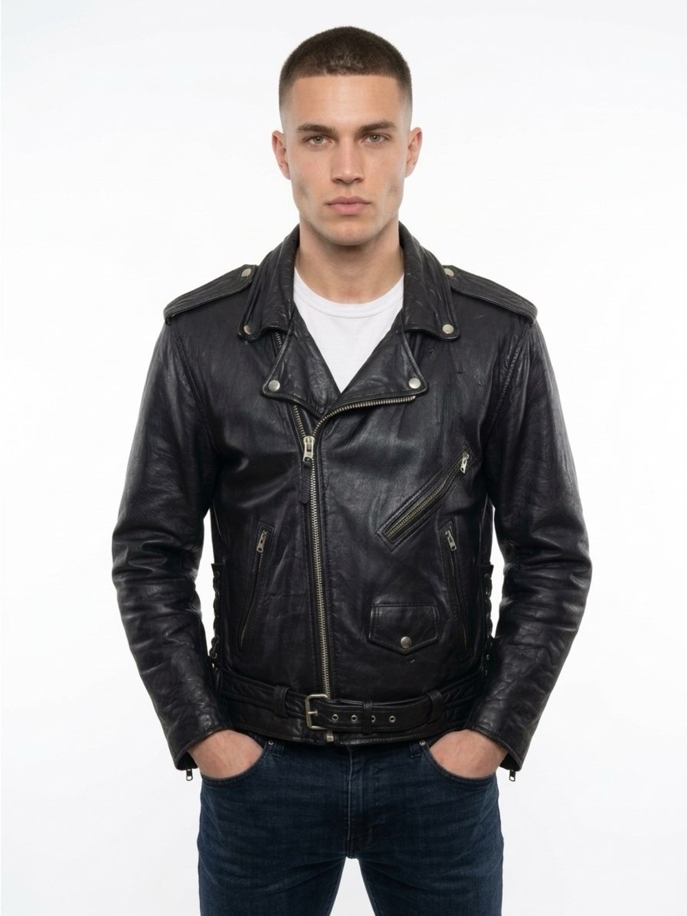 ELLAVIA BLACK LEATHER MOTORCYCLE JACKET ZIPPER DETAIL MEN XL